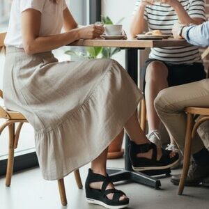 Eileen Fisher twist platform sandals, zip at heel, 7.5